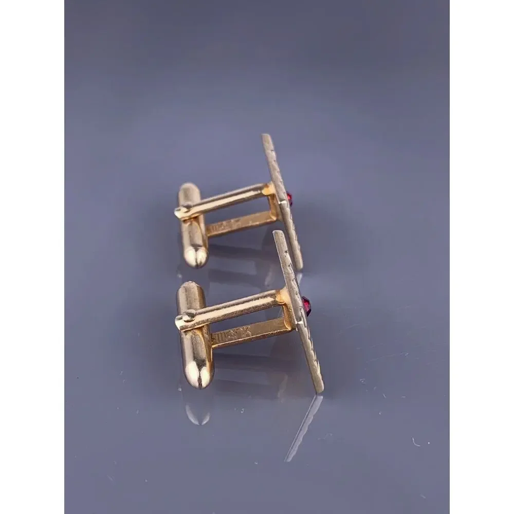 Simple Red Rhinestone Gold Tone Cufflinks Diagonal Lines Mid Century Swank VTG